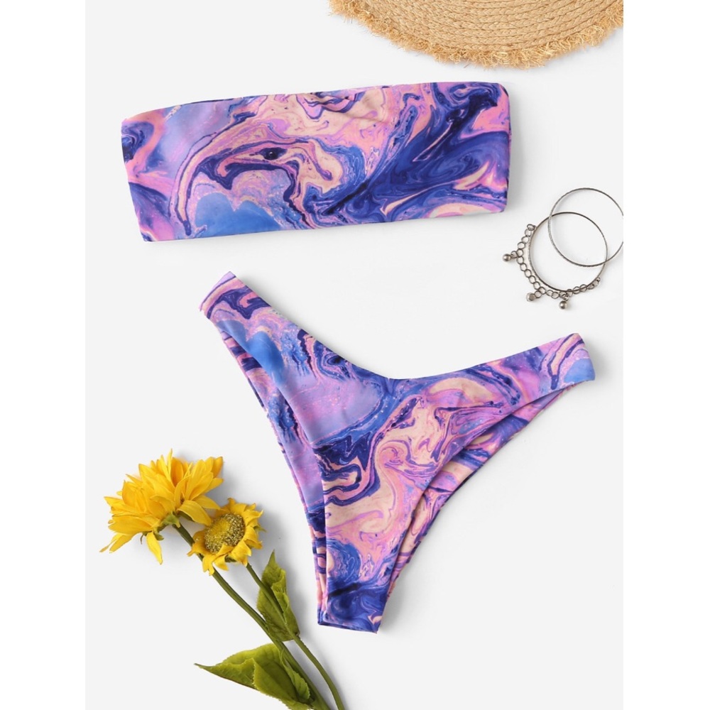 Watercolor Print Bandeau High Leg Bikini Set